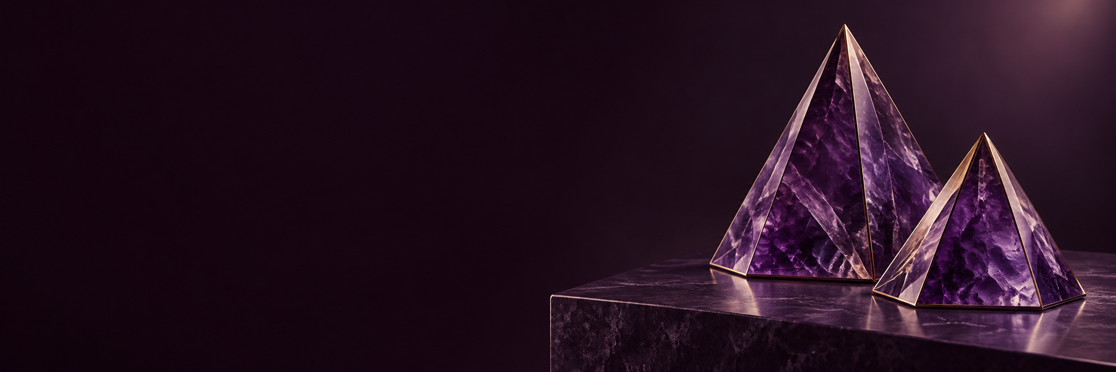 Two sculpted amethyst pyramids with fine gold edges